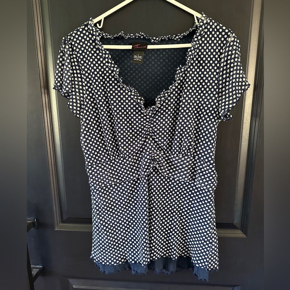 Torrid Navy Blue white polka dot ruffle top mesh fabric lined. Length weight